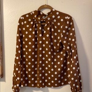 Brown and White Polka Dot Blouse with Tie Front and Long Sleeves
